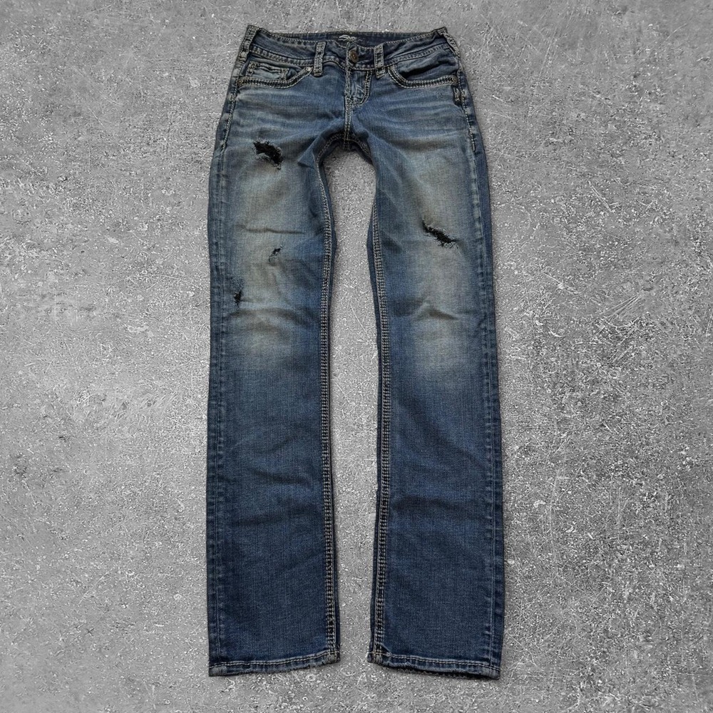 Silver Jeans Co Suki Straight Jeans Womens 26x32 Blue Distressed L93413SSG357